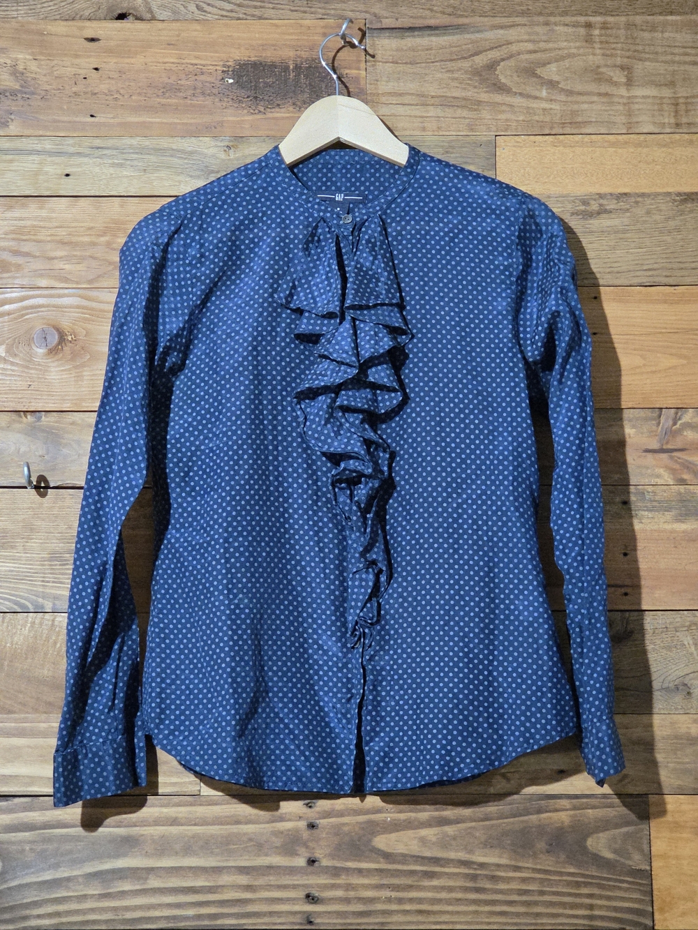 GAP Cotton Silk Polka Dot Ruffle Front Blouse Navy Blue Long Sleeve Size S